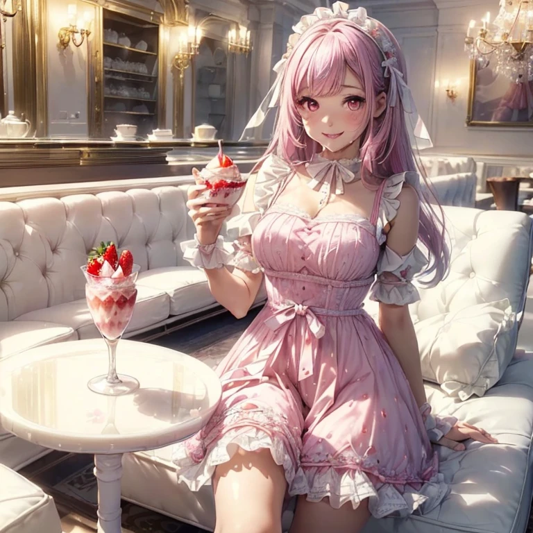 (8K, table top, highest quality, highest quality, official art, Breathtaking beauty and beauty, very detailed, The best masterpiece in history that exceeds limits, Breathtaking beautiful lighting:1.2), (1 Absolute beautiful Girl, alone:1.5), 16 years old, (glossy white skin), break (pink princess hair, bangs:1.3), (adorable big pink eyes, drooling eyes:1.5), break (Breathtaking beautiful Sweet Lolita Idol Ensemble, Sweet lolita style pastel blue dress, Decorated with lace and ribbon details, swollen, A knee-length skirt that gives off a playful and girly look., Add a touch of ruffles with decorative ribbon and lace trim:1.3), (bust:1.3), (Smile, beautiful smile, gentle smile, cute smile, An innocent smile like an angel:1.2), (Charm, wonderful, beautiful, elegant, Gorgeous, grow, eye-catching, Ultimate beauty, Supreme beauty, The finest beauty, elegant, beauty, elegant, I love you all, beauty that fascinates everyone, I was healed, The highest level of perfected beauty, cute like an idol, Stylish like a fashion model, grace like a goddess, Beloved, cute, adorable, look at the camera, cute pose, Happy), break (Strawberry parfait in a large glass, White luxury cafe, white table, white sofa:1.5),