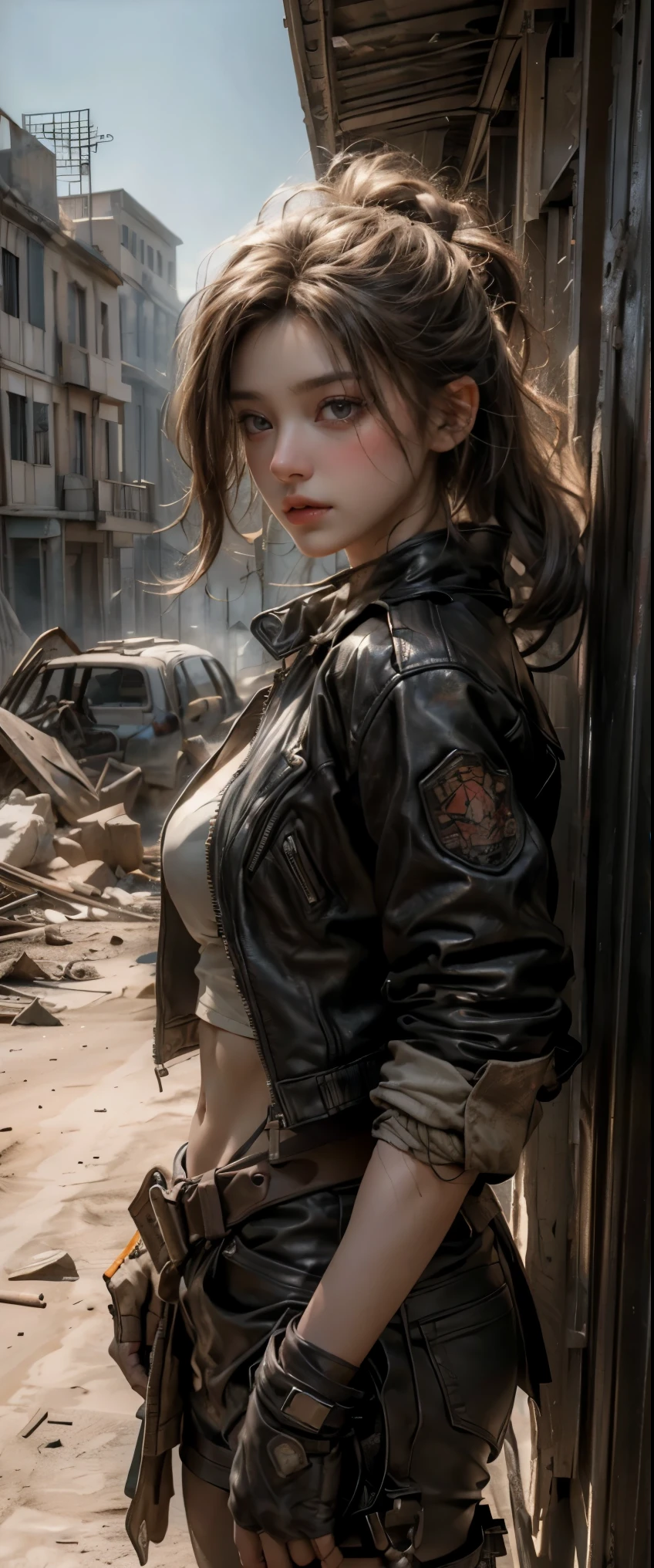 ((masterpiece, highest quality, Highest image quality, High resolution, photorealistic, Raw photo, 8K)), ((Extremely detailed CG unified 8k wallpaper)), (huge stunning goddess shot, very hot and sexy, jaw-dropping beauty, perfect proportions, beautiful body, slim body beauty:1.4), Post-Apocalyptic Wasteland, The world of Mad Max, she wears a leather jacket over his bare skin and holds a shotgun, adderskin eye patch, Collapsed buildings are being swallowed by the desert, Ruins hazed with dust and sand, 