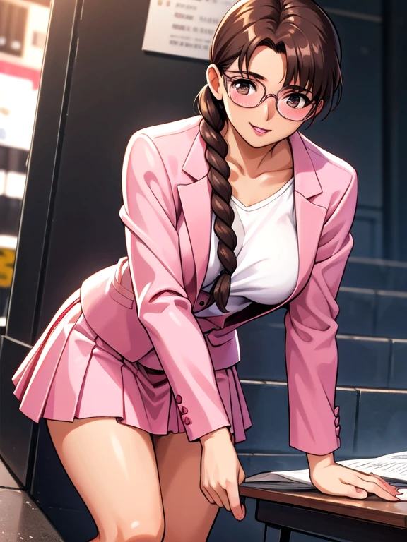 smile,View your viewers,A dark-skinned woman rolling up her skirt,suit,From below,street,Ayumi_arima,Long Hair,brown hair,25-year-old woman, Single Pigtail,Pink Lip, Glasses,pink suit,1 braid, 