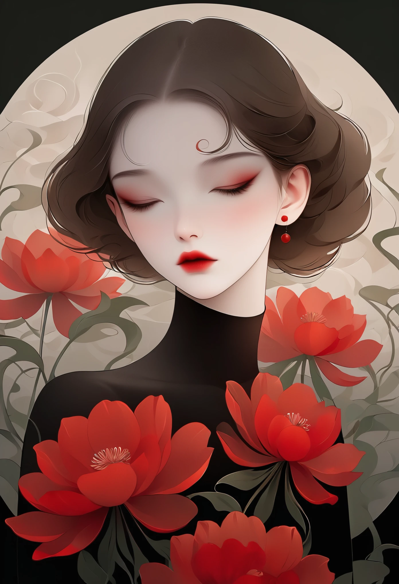 (masterpiece, best quality:1.2), 1 girl, alone,beautiful face，red lips，Minimalist Art Nouveau，illustration style，black and red，flowers