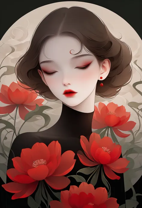 (masterpiece, best quality:1.2), 1 girl, alone,beautiful face，red lips，Minimalist Art Nouveau，illustration style，black and red，f...