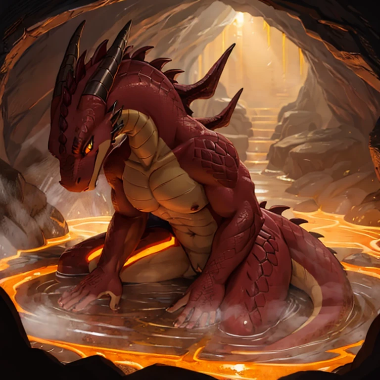 Female, large, fierce dragon, wearing golden jewelry, bathing in lava, washing herself, waist deep in lava, dark cavern, underground, lit from below, maroon scales shimmering in dark, muscular