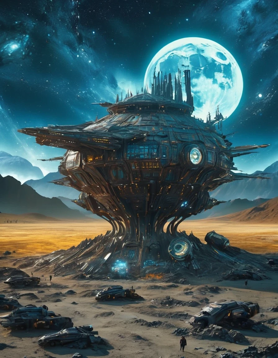 Science fiction film,full of fantasyfantastical ideas,by van gogh,Big roundspaceship,Doomsday, wasteland style,hd,8k