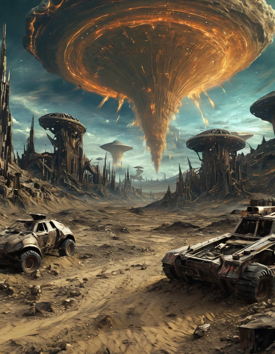 Apocalyptic Wasteland，Science fiction film,full of fantasyfantastical ideas,by van gogh,Big roundspaceship,Doomsday, wasteland style,hd,8