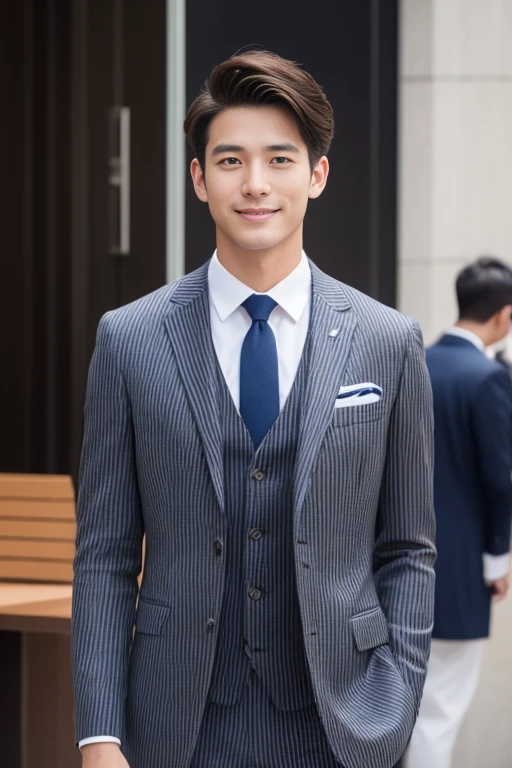 striped brown suit、　30-year-old handsome employee、Hair is neat.No short beard.no beard.　（Super handsome S-class suit guy）、　Japanese 30-year-old man、　merchant、　Ultra-luxury set、　office、　Stand up in a suitＳyoung handsome man、　Full body image、　（CG Unity 8K high-detail photos）、　（a very detailedＳThe handsome guy in the class）、　（Photos are real）、　　（（top quality））、　Super detailed、　（​Masterpiece）、　Ultra high quality、　High、　audience、　gentleman、　very beautiful hair、　short hair、　bright photos、　As handsome as a model、　As handsome as an idol、　Luxury watches、　Eyes balanced looking at the audience with a slight smile