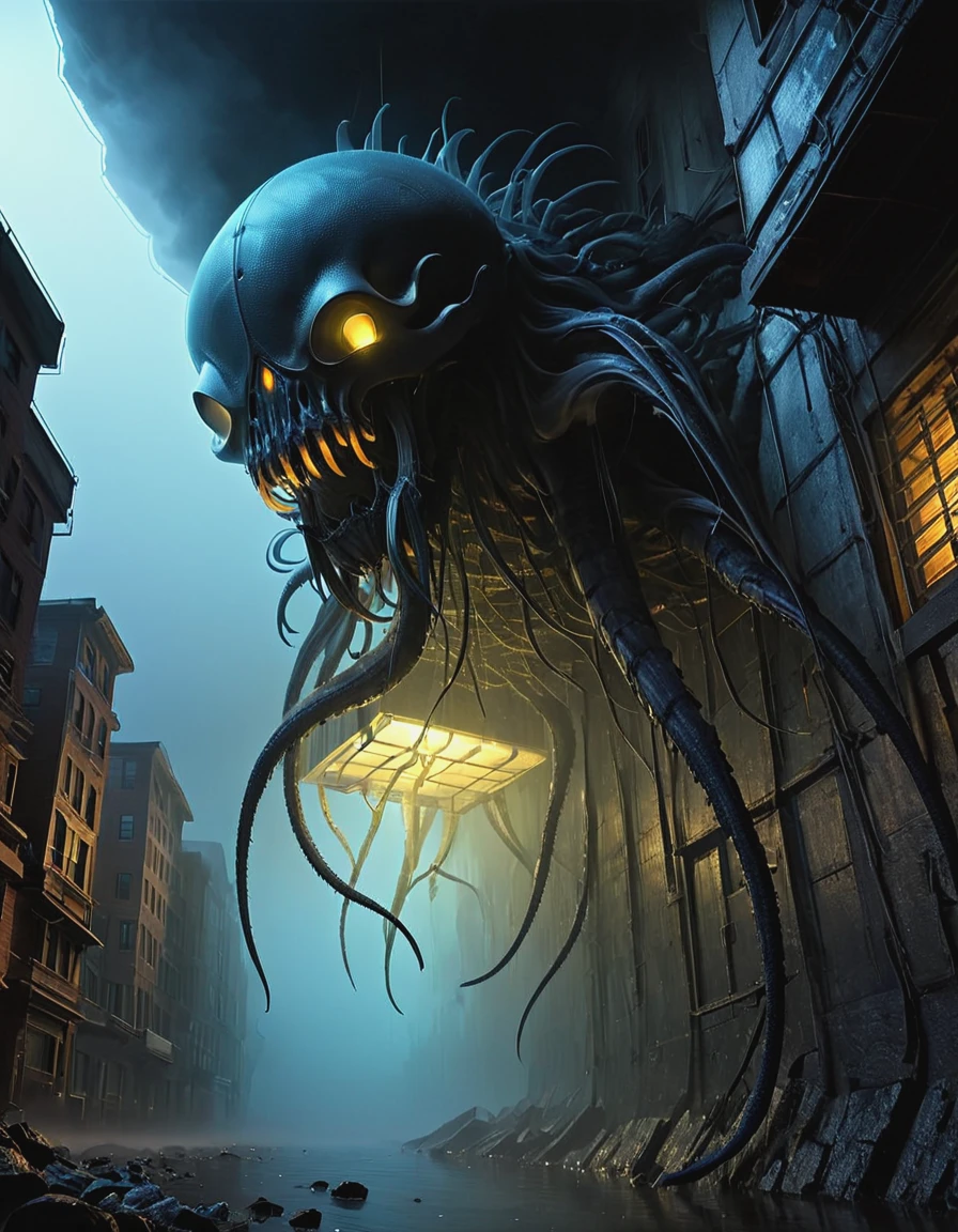 look up, (Giant transparent mutant), This creature has very short legs., Lots of black fog, Thick fog, Night Sky, Biochemical Mutation Nucleus, Teratoma, Bizarre, Bioluminescence Bioluminescence, Kistav Beksinski, Webbed feet and webbed tentacles, twitch, Winding, Erratic, Wrinkled, Microbiology Microbiology, There are several translucent resin wave style wired lighting fixtures, bryce 3d, A mural-like composition, Weathering Materials, gradient glow, reflection, High Detail, Surreal 3D landscape style, Complex mesh, light box, Made of feathers, new york bombing report, Interesting character design, Bokeh, dense teeth,
From below, upside down, Chiaroscuro, Ultra HD, masterpiece, Super Detail, High Details, high quality, The award-winning, best quality, , 16K,