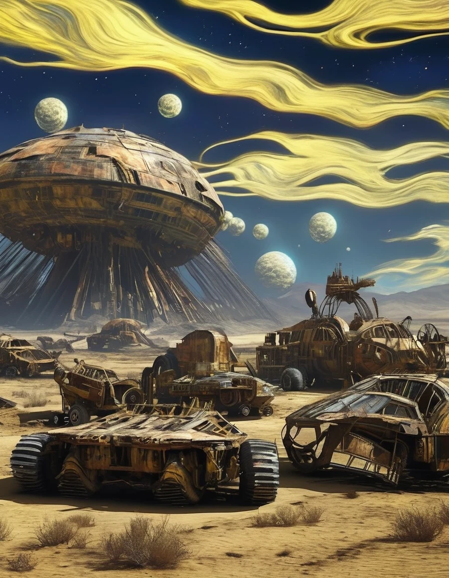 Apocalyptic Wasteland，Science fiction film,full of fantasyfantastical ideas,by van gogh,Big roundspaceship,Doomsday, wasteland style,hd,8