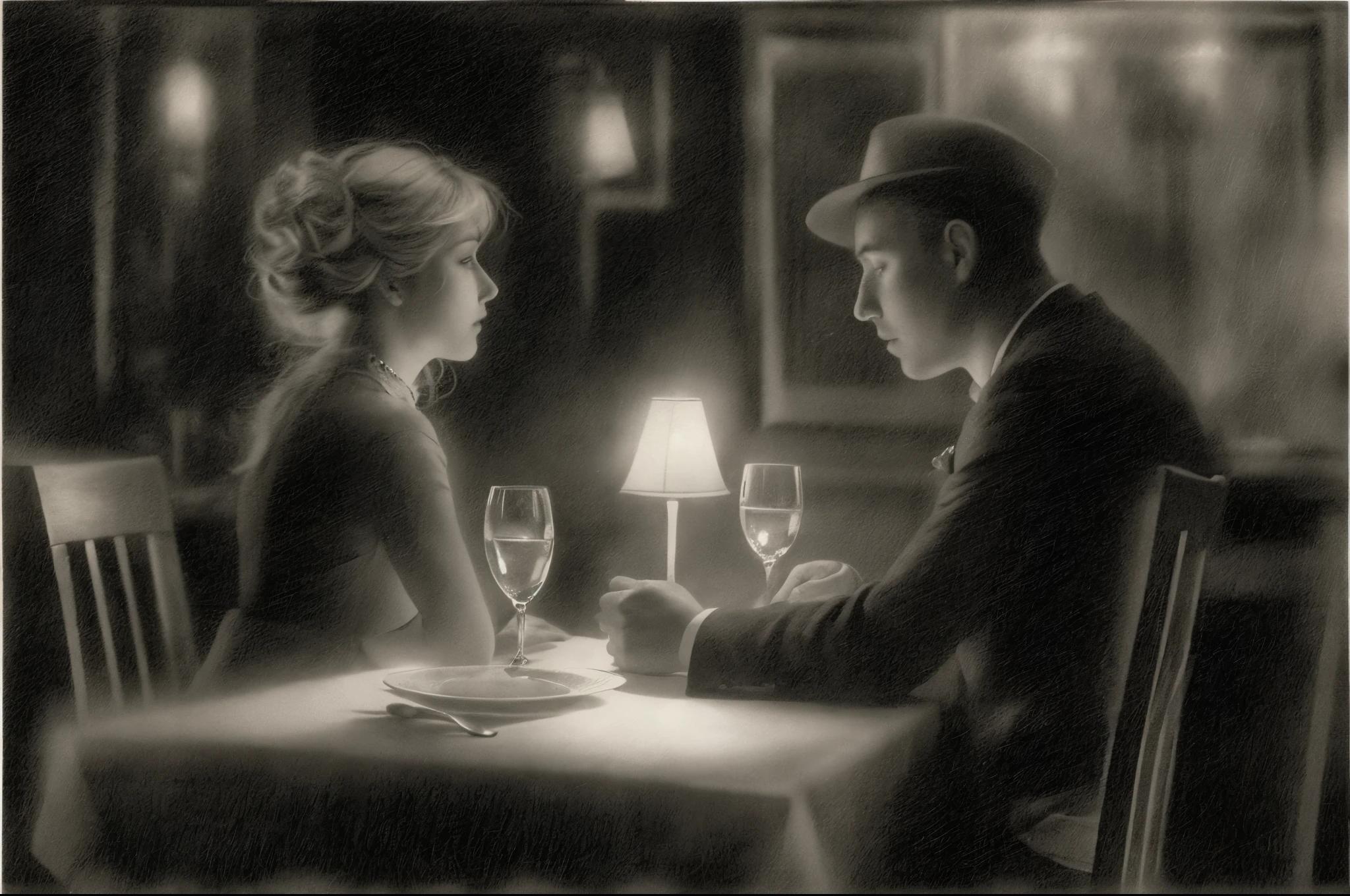pencil drawing, obviously pencil texture, black and white, cinematic lighting, rough sketch, no detail, black background, Inspired by John Casper Fusili, Inspired by George Grosz, 兩個人dinner場景, Impressionism, author：Tadeusz Kanter, dinner, two people sitting at a table, on the table, romantic mood and tone