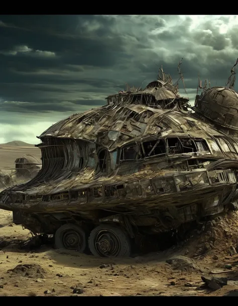 Apocalyptic Wasteland，Science fiction film,full of fantasyfantastical ideas,by van gogh,Big roundspaceship,Doomsday, wasteland s...