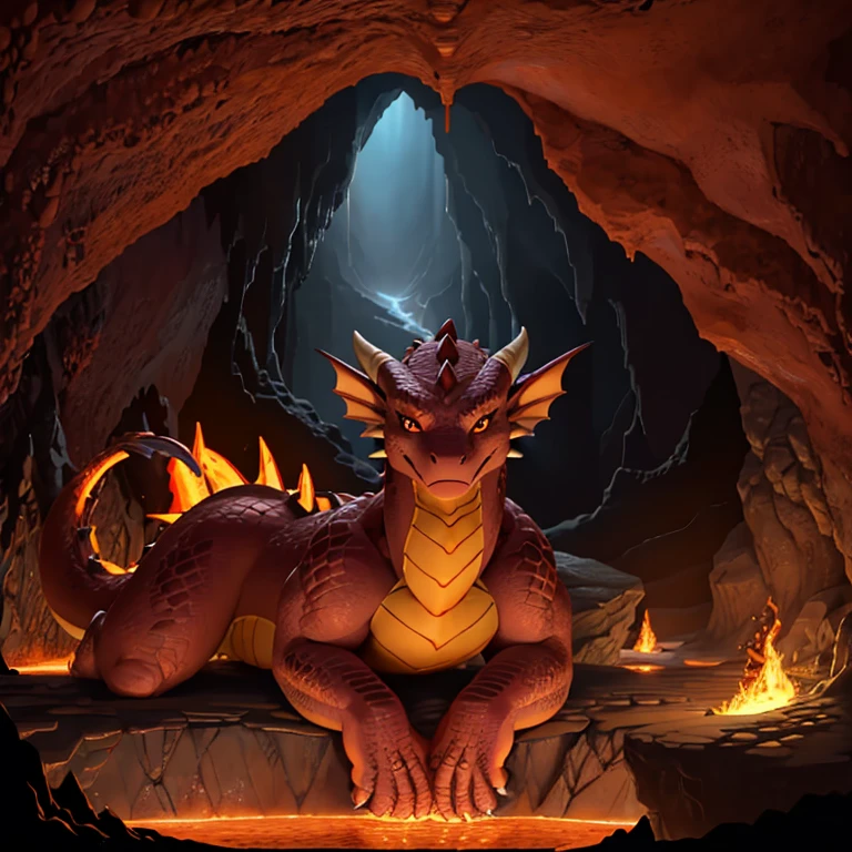 Female, fierce dragon, wearing golden jewelry, relaxing, swimming in lava, dark cavern, cave filled with lava, lava lake, underground, lit from below, maroon scales, intimidating, muscular