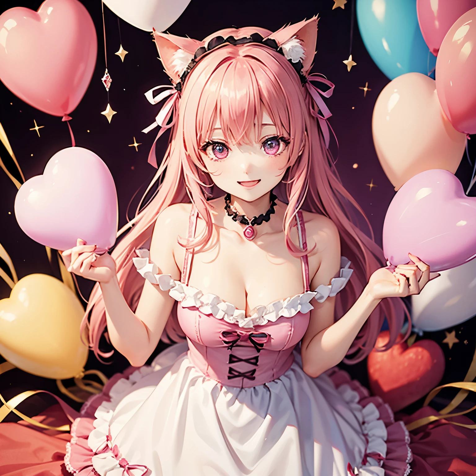 Cat with pink ribbon、Pink Hair、Pink eyes、White clothing、smile、happy、Celebration、birthday、Strawberry chocolate cake、Background balloons flying