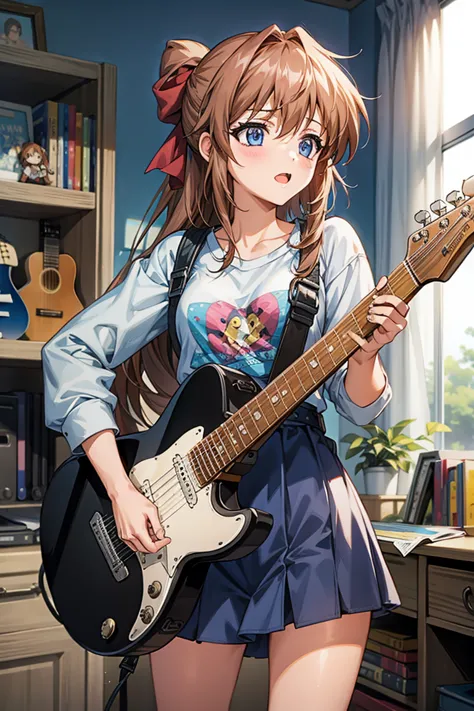 mouth, One girl, alone, In a messy room, guitar, 