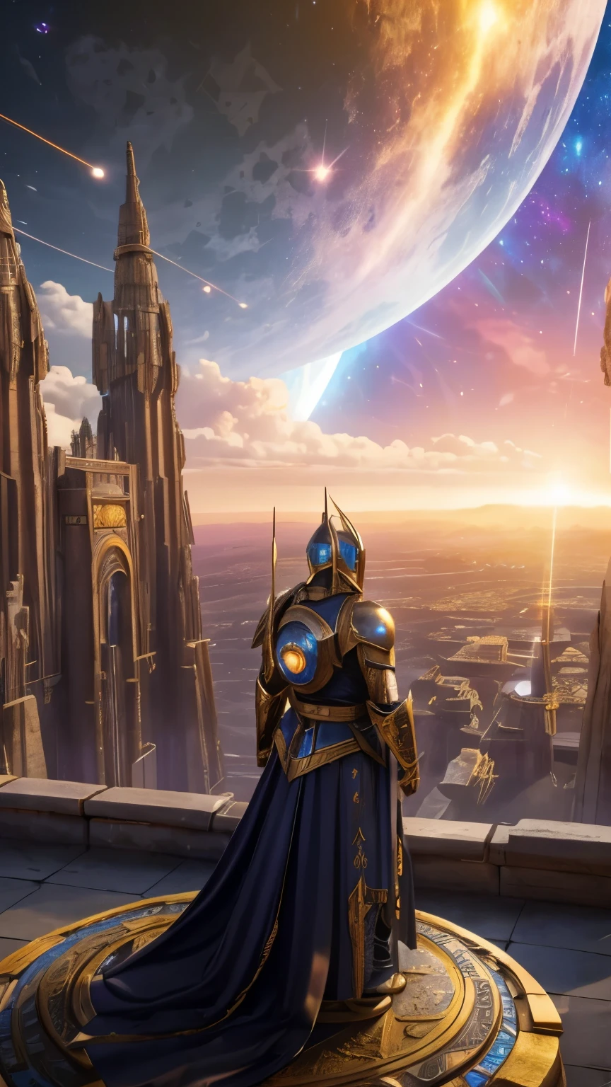 high council elder, looking down on citizen, cosmic sky, space, galaxy,elaborate helmets,(best quality,4k,8k,highres,masterpiece:1.2),ultra-detailed,(realistic,photorealistic,photo-realistic:1.37),fantasy race,planet mercury,armor,detailed characters,golden city,wide shot,buildings,citadel,city rings,architecture,distinctive features,otherworldly landscape,futuristic elements,shiny metal armor,elaborate helmets,fantastical weapons,glimmering shields,breathtaking scenery,mysterious atmosphere,distant horizon,ethereal lighting,vibrant colors,celestial beings,dynamic poses,epic battle scene,otherworldly creatures,unearthly beings,magical energy,spellbinding aura,cosmic powers,mythical creatures,powerful guardians,sculpted muscles,fierce expressions,alien technology,advanced weaponry,interstellar travel,astral realm,ancient civilization,timeless beauty,mythological lore,grandiose temples,celestial bodies,starlit sky,intergalactic warriors,majestic structures,extraterrestrial artifacts

