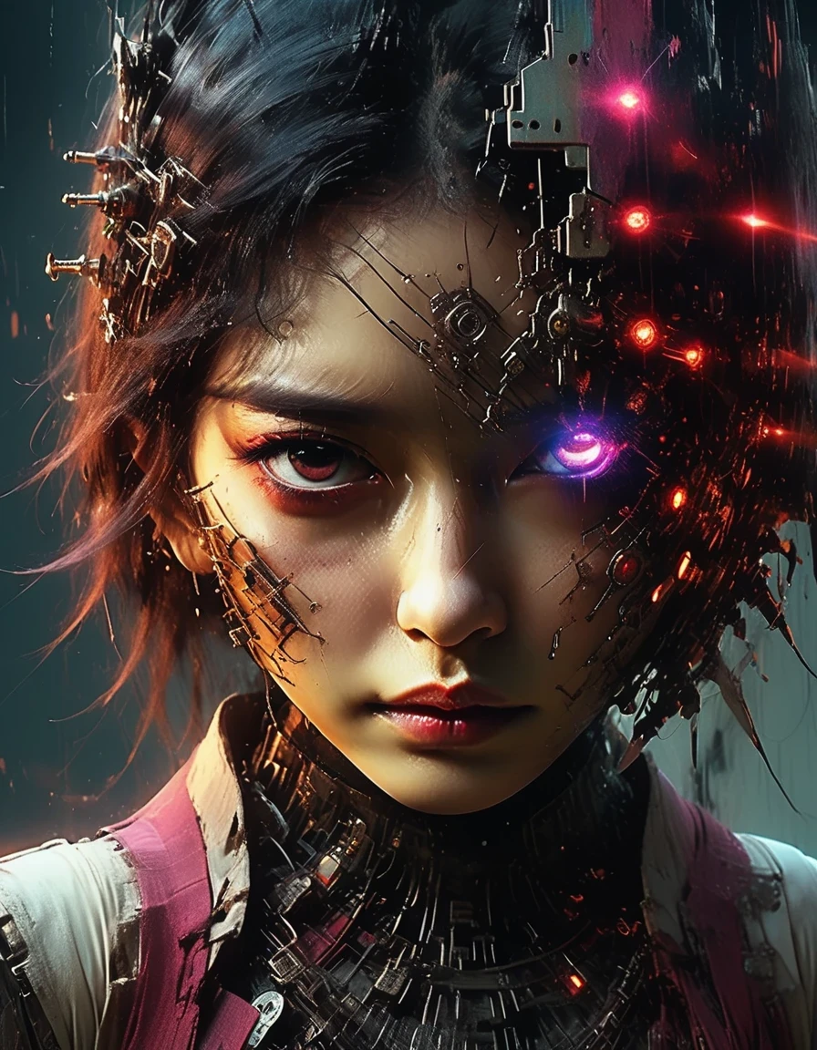 The Ruins Rose heroine who is very beautiful and powerful in the doomsday world），cool, Asian girl, mechanical, glass face masktraversing light, delicate skin texture, determinedgaze, sunset background, colorful light, multiplecolors, mid-shot, profile view, C4D, futuristic, sci-fistyle, 8K, cyberpunk, complex lines, ultimate detail