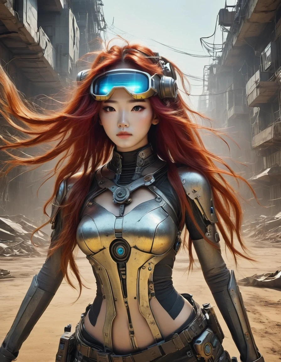 Post-apocalyptic wasteland，（A very beautiful and powerful heroine in the doomsday world），Mecha Clothing，Extra long red hair，Beautiful Asian face，, mechanical, Glass mask passes light through, Delicate skin texture, Determined gaze，It&#39;s the scorching sun and strong wind，Yellow sand rolling，The broken eaves and broken walls are everywhere, and the scene is desolate.，Sunset background、Colorful light、Multiple colorid-shot、side view、C4D、Futurism、Sci-fi style、8K、Cyberpunk、Complex lines、Extreme details，Exaggeration in appearance，Can make enemies feel fear。Many items are basically worn out.，Rust，The form of splicing，Add splash graffiti to create the environment of a wasteland world。Elements such as neon lights will often appear in Post-apocalyptic wasteland。The most important point is that the wasteland world is a world after the collapse of technological civilization.，Productivity setbackaterial resources are extremely scarce，And scarcity is the essence of the world，The inequality of supply and demand gives things value。