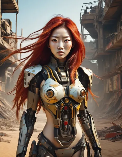 Post-apocalyptic wasteland，（A very beautiful and powerful heroine in the doomsday world），Mecha Clothing，Extra long red hair，Beau...