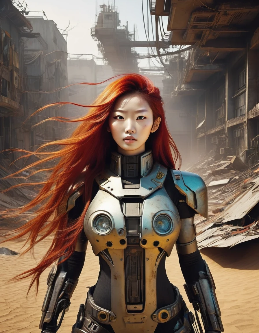 Post-apocalyptic wasteland，（A very beautiful and powerful heroine in the doomsday world），Mecha Clothing，Extra long red hair，Beautiful Asian face，, mechanical, Glass mask passes light through, Delicate skin texture, Determined gaze，It&#39;s the scorching sun and strong wind，Yellow sand rolling，The broken eaves and broken walls are everywhere, and the scene is desolate.，Sunset background、Colorful light、Multiple colors、Mid-shot、side view、C4D、Futurism、Sci-fi style、8K、Cyberpunk、Complex lines、Extreme details，Exaggeration in appearance，Can make enemies feel fear。Many items are basically worn out.，Rust，The form of splicing，Add splash graffiti to create the environment of a wasteland world。Elements such as neon lights will often appear in Post-apocalyptic wasteland。The most important point is that the wasteland world is a world after the collapse of technological civilization.，Productivity setbacks，Material resources are extremely scarce，And scarcity is the essence of the world，The inequality of supply and demand gives things value。