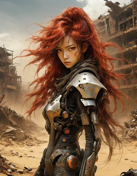 post-apocalyptic wasteland，（a very beautiful and powerful heroine in the doomsday world），mecha clothing，extra long red hair，beau...