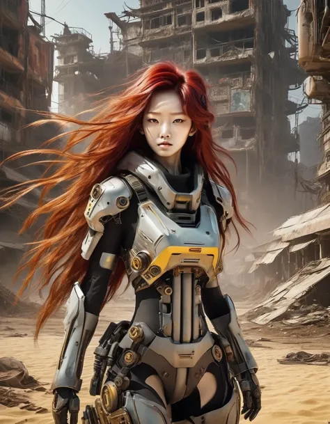 Post-apocalyptic wasteland，（A very beautiful and powerful heroine in the doomsday world），Mecha Clothing，Extra long red hair，Beau...