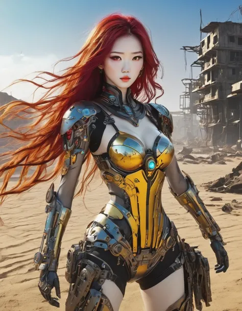 post-apocalyptic wasteland，（a very beautiful and powerful heroine in the doomsday world），mecha clothing，extra long red hair，beau...