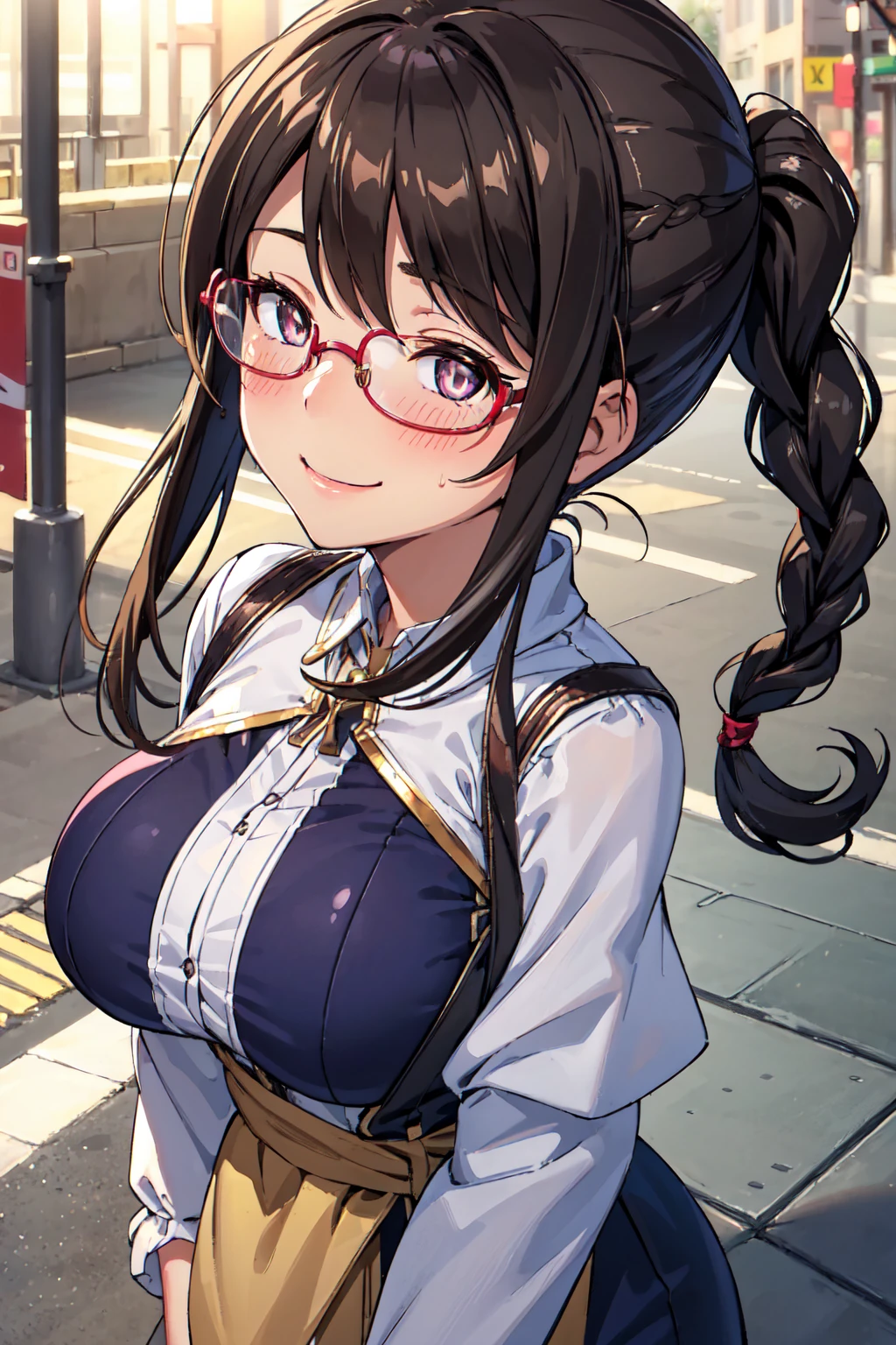 (high quality, High resolution, Finer details), Sidewalk, Side view, alone, girl, Braided hair, , Sparkling eyes, (large round frame glasses), (fine grain), Big Breasts, ((A kind smile)), blush, Sweat, Oily skin, (Focus plane), Shallow depth of field