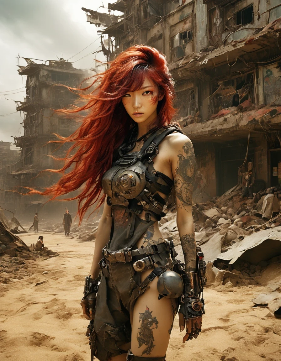 Post-apocalyptic wasteland，（A very beautiful and powerful heroine in the doomsday world），Mecha Clothing，Extra long red hair，Beautiful Asian face，Tattoo，Tattoo，mechanical, Glass mask passes light through, Delicate skin texture, Determined gaze，It&#39;s the scorching sun and strong wind，Yellow sand rolling，The broken eaves and broken walls are everywhere, and the scene is desolate.。In a post-apocalyptic environment，Regardless of appearance or practicality，Everything is for survival，Exaggeration in appearance，Can make enemies feel fear。Many items are basically worn out.，Rust，The form of splicing，Add splash graffiti to create the environment of a wasteland world。Elements such as neon lights will often appear in Post-apocalyptic wasteland。The most important point is that the wasteland world is a world after the collapse of technological civilization.，Productivity setbacks，Material resources are extremely scarce，And scarcity is the essence of the world，The inequality of supply and demand gives things value。