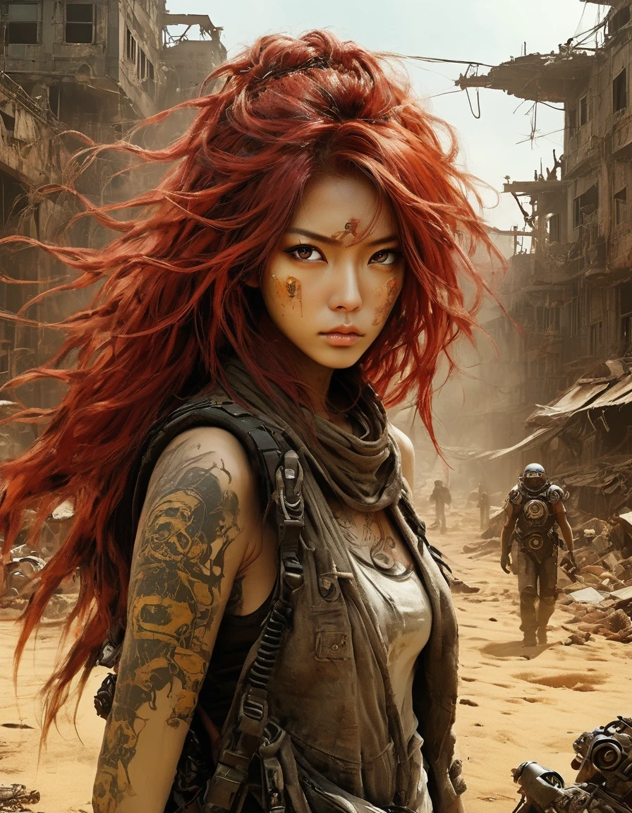 Post-apocalyptic wasteland，（A very beautiful and powerful heroine in the doomsday world），Mecha Clothing，Extra long red hair，Beautiful Asian face，Tattoo，Tattoo，mechanical, Glass mask passes light through, Delicate skin texture, Determined gaze，It&#39;s the scorching sun and strong wind，Yellow sand rolling，The broken eaves and broken walls are everywhere, and the scene is desolate.。In a post-apocalyptic environment，Regardless of appearance or practicality，Everything is for survival，Exaggeration in appearance，Can make enemies feel fear。Many items are basically worn out.，Rust，The form of splicing，Add splash graffiti to create the environment of a wasteland world。Elements such as neon lights will often appear in Post-apocalyptic wasteland。The most important point is that the wasteland world is a world after the collapse of technological civilization.，Productivity setbacks，Material resources are extremely scarce，And scarcity is the essence of the world，The inequality of supply and demand gives things value。