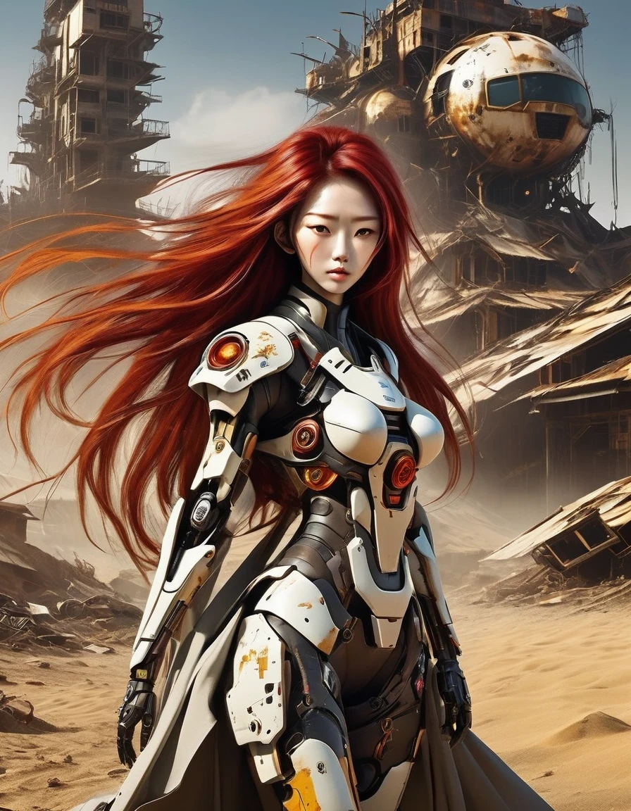 Post-apocalyptic wasteland，（A very beautiful and powerful heroine in the doomsday world），Mecha Clothing，Extra long red hair，Beautiful Asian face，, mechanical, Glass mask passes light through, Delicate skin texture, Determined gaze，It&#39;s the scorching sun and strong wind，Yellow sand rolling，The broken eaves and broken walls are everywhere, and the scene is desolate.，Sunset background、Colorful light、Multiple colors、Mid-shot、side view、C4D、Futurism、Sci-fi style、8K、Cyberpunk、Complex lines、Extreme details，Exaggeration in appearance，Can make enemies feel fear。Many items are basically worn out.，Rust，The form of splicing，Add splash graffiti to create the environment of a wasteland world。Elements such as neon lights will often appear in Post-apocalyptic wasteland。The most important point is that the wasteland world is a world after the collapse of technological civilization.，Productivity setbacks，Material resources are extremely scarce，And scarcity is the essence of the world，The inequality of supply and demand gives things value。