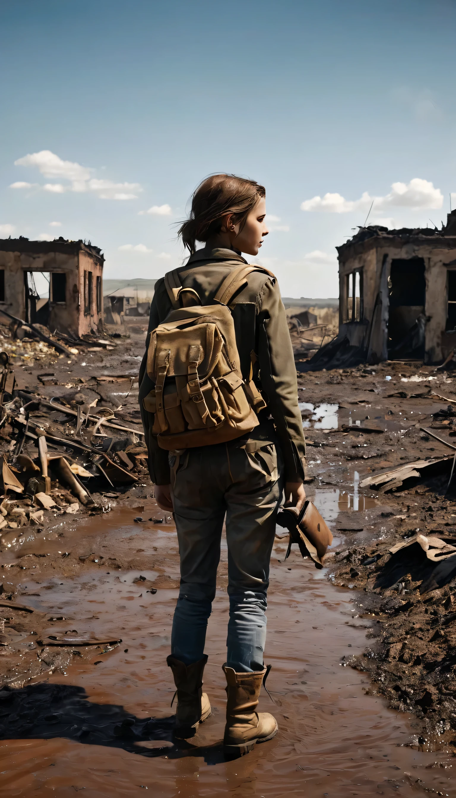 Landscape photo of wilderness and blue null,scrapped,Remains of a low building,Soil and rocks,Destroyed,burn marks,walking in a wilderness１０Year old girl:White:Bronze Hair,Back view,rucksack,The World War is over,But the family members who died won&#39;t come back.,Feelings of despair,sorrow,pessimism,Longing,Expressing the feelings of a girl who keeps walking despite despair,A scene from a movie,England,Moderately dirty,Survivors々Expressing relief and sorrow,They have to leave here soon.,farewell,hard,Photorealistic,Realistic texture,Realistic dirt,masterpiece,Intricate details,National Geographic,highest quality,Post-Apocalyptic Wasteland,Focus on the null,Realistic Light and Shadow,Multiple scattered puddles:Randomly and naturally:reflection:null,rendering,Unreal Engine,gray、Brown,Null color,Composition of thirds,Expressing hope with a beautiful blue null,A beautiful null in contrast to the wilderness