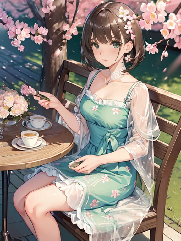 masterpiece, highest quality,Kimoto_cherry blossoms, Girly style, Lace dress, pastel colour, Floral print, High Waist Skirt, ballet flats, delicate accessories, Cafe, indoor, high tea, please sit down, table,.Young and beautiful girl, Green Eyes, Brown short hair, Super detailed, Official Art, unity 8k wallpaper, (Fashion magazine cover:1.3), ..