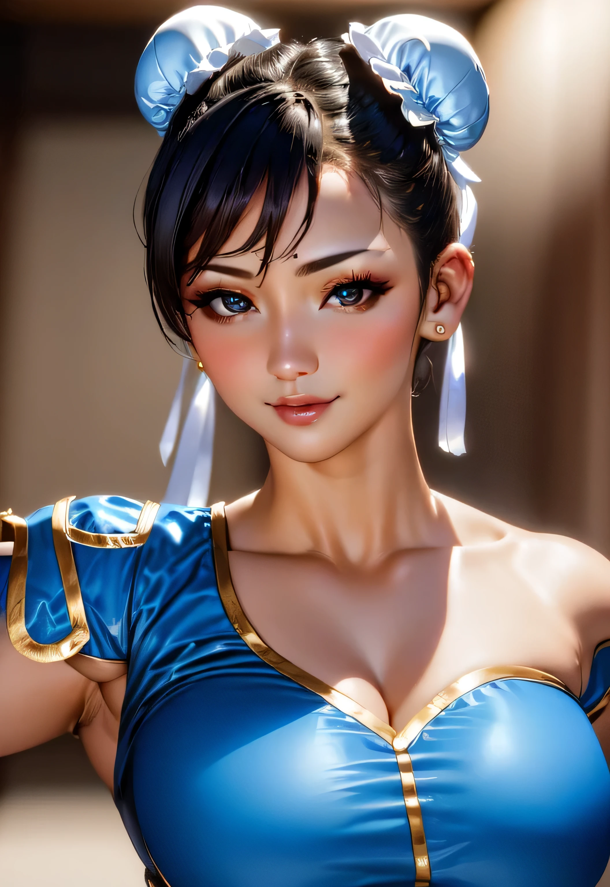 (foto:1.3), alto detalhe, Chun-li, 1 garota, Sozinho, sorriso pretensioso, (Sedutor, atraente, encantador:1.3), (resolução ultra-alta, alto detalhes, absurdos:1.3), Fantasia de Chun-Li,corpo todo, na arena