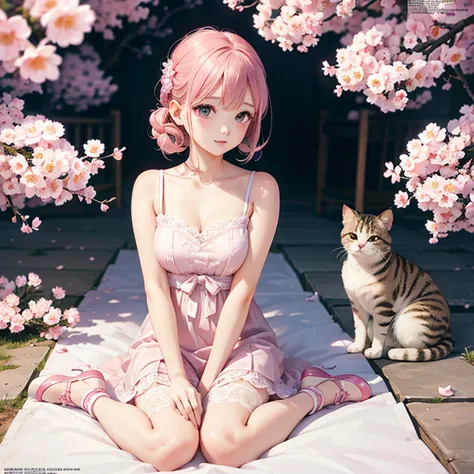 Cat with pink ribbon、Pink Hair、masterpiece, highest quality,Kimoto_cherry blossoms, Girly style, Lace dress, ballet flats, delic...