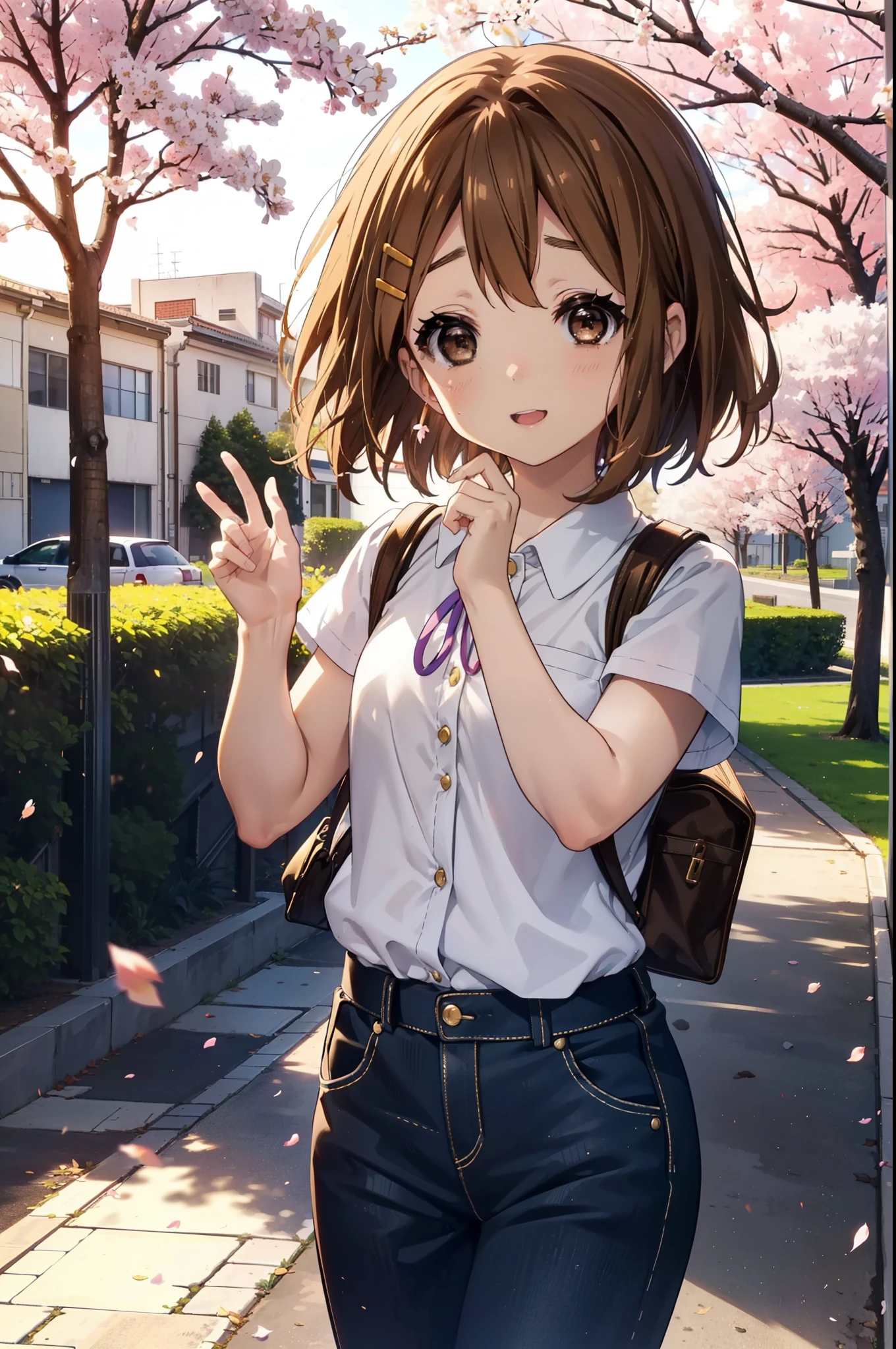 yuihirasawa, Yui Hirasawa, Kurzes Haar, braune Haare, Haarschmuck, (braune Augen:1.5), happy lächeln, lächeln, Öffne deinen Mund,Haarklammer,Überdimensionierte Weste Kleidungsstück　Die Front ist offen,Tanktop-Shirt,enge Hosen,Stöckelschuhe,Kirschblüten blühen,Kirschblüten sind verstreut,Von Kirschblüten gesäumter Weg,Abend,Sonnenuntergang,Die Sonne geht unter,
brechen outdoors,Schule　Schule building,
brechen looking at viewer, (Cowboy-Schuss:1.5),
brechen (Meisterwerk:1.2), höchste Qualität, Hohe Auflösung, Einheit 8k Hintergrundbild, (Figur:0.8), (Schöne feine Details:1.6), sehr detailliertes Gesicht, Perfekte Beleuchtung, Hochdetaillierte CG, (perfekte Hände, Perfekte Anatomie),