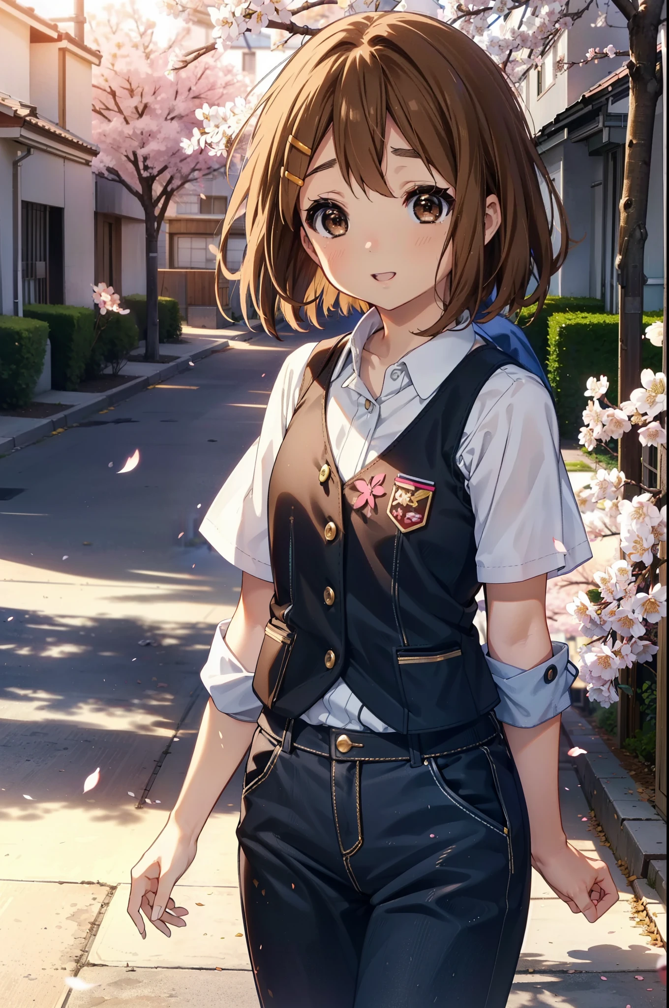 Yuihirasawa, Yui Hirasawa, cabelo curto, cabelo castanho, enfeites de cabelo, (Olhos castanhos:1.5), happy sorriso, sorriso, Abra sua boca,Presilha de cabelo,Colete oversized　a frente está aberta,Camiseta regata,Calças finas,salto agulha,flores de cerejeira estão florescendo,As flores de cerejeira estão espalhadas,Caminho arborizado de flores de cerejeira,noite,pôr do sol,O sol está se pondo,
QUEBRAR outdoors,Escola　Escola building,
QUEBRAR looking at viewer, (tiro de vaqueiro:1.5),
QUEBRAR (obra de arte:1.2), mais alta qualidade, Alta resolução, papel de parede da unidade 8k, (figura:0.8), (Belos detalhes finos:1.6), Rosto altamente detalhado, iluminação perfeita, CG altamente detalhado, (mãos perfeitas, anatomia perfeita),