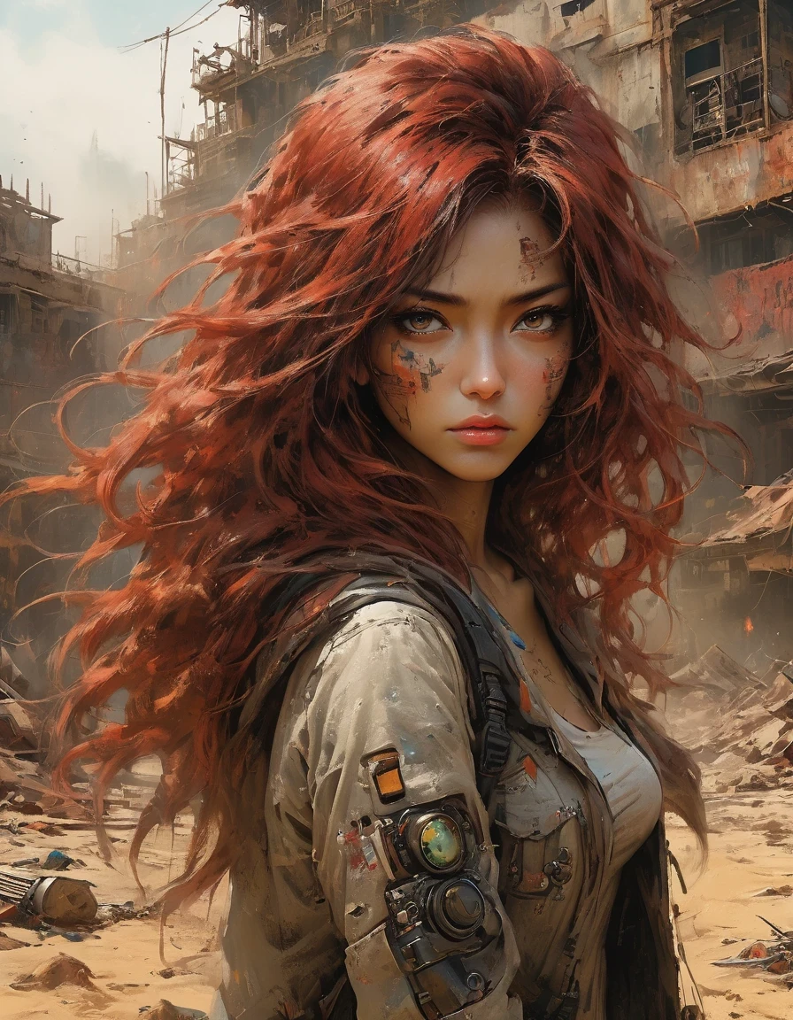 UHD, masterpiece, textured skin, high details, high quality, award winning, best quality, highres, 16k， 
in style of Alice Pasquini，Post-apocalyptic wasteland，（A very beautiful and powerful heroine in the doomsday world），Mecha Clothing，Extra long red hair，Beautiful Asian face，, mechanical, Glass mask passes light through, Delicate skin texture, Determined gaze，It&#39;s the scorching sun and strong wind，Yellow sand rolling，The broken eaves and broken walls are everywhere, and the scene is desolate.。In a post-apocalyptic environment，Regardless of appearance or practicality，Everything is for survival，Exaggeration in appearance，Can make enemies feel fear。Many items are basically worn out.，Rust，The form of splicing，Add splash graffiti to create the environment of a wasteland world。Elements such as neon lights will often appear in Post-apocalyptic wasteland。The most important point is that the wasteland world is a world after the collapse of technological civilization.，Productivity setbacks，Material resources are extremely scarce，