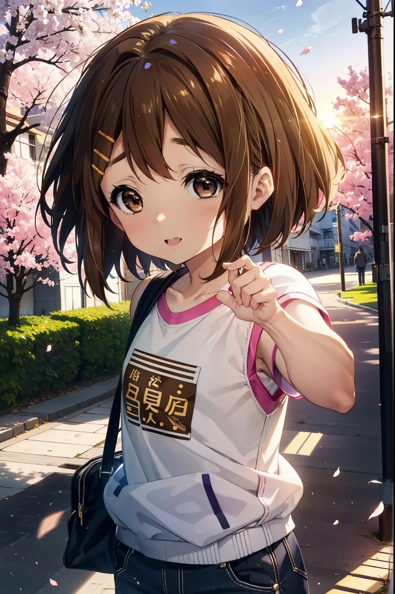 Yuihirasawa, Yui Hirasawa, cabello corto, Pelo castaño, adornos para el cabello, (Ojos cafés:1.5), happy sonrisa, sonrisa, abre la boca,Pinza para el cabello,Chaleco de gran tamaño　el frente esta abierto,Camiseta sin mangas,Pantalones ajustados,tacones de aguja,Las flores de cerezo están floreciendo,Las flores de cerezo están esparcidas,Camino arbolado de los cerezos en flor,noche,atardecer,El sol se esta poniendo,
descansar al aire libre,Escuela　Escuela building,
descanso mirando al espectador, (tiro de vaquero:1.5),
break (obra maestra:1.2), de la máxima calidad, Alta resolución, fondo de pantalla de unidad 8k, (cifra:0.8), (Hermosos detalles finos:1.6), Cara muy detallada, Iluminación perfecta, CG muy detallado, (manos perfectas, anatomía perfecta),