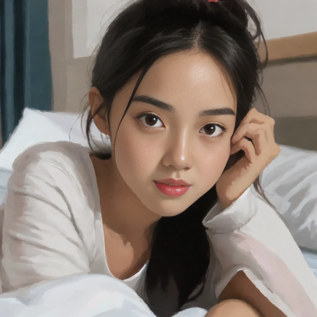 there is a woman laying on a bed with her head on her hand, realistic cute girl painting, kawaii realistic portrait, anime thai girl, cute portrait, girl cute-fine-face, young and cute girl, young cute face, realistic anime artstyle, adorable digital painting, cute young girl, realistic artstyle, ig model | artgerm, beautiful asian girl