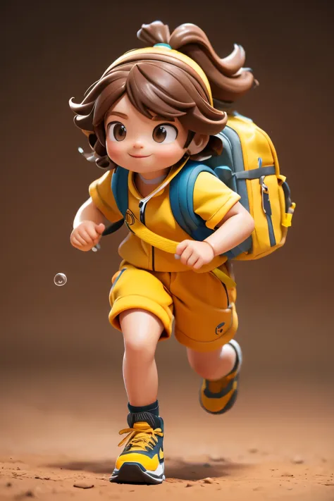 A young girl running, happy，with a camera slung around her neck.Brown hair, wearing a yellow sports suit, carrying a backpack,Bl...