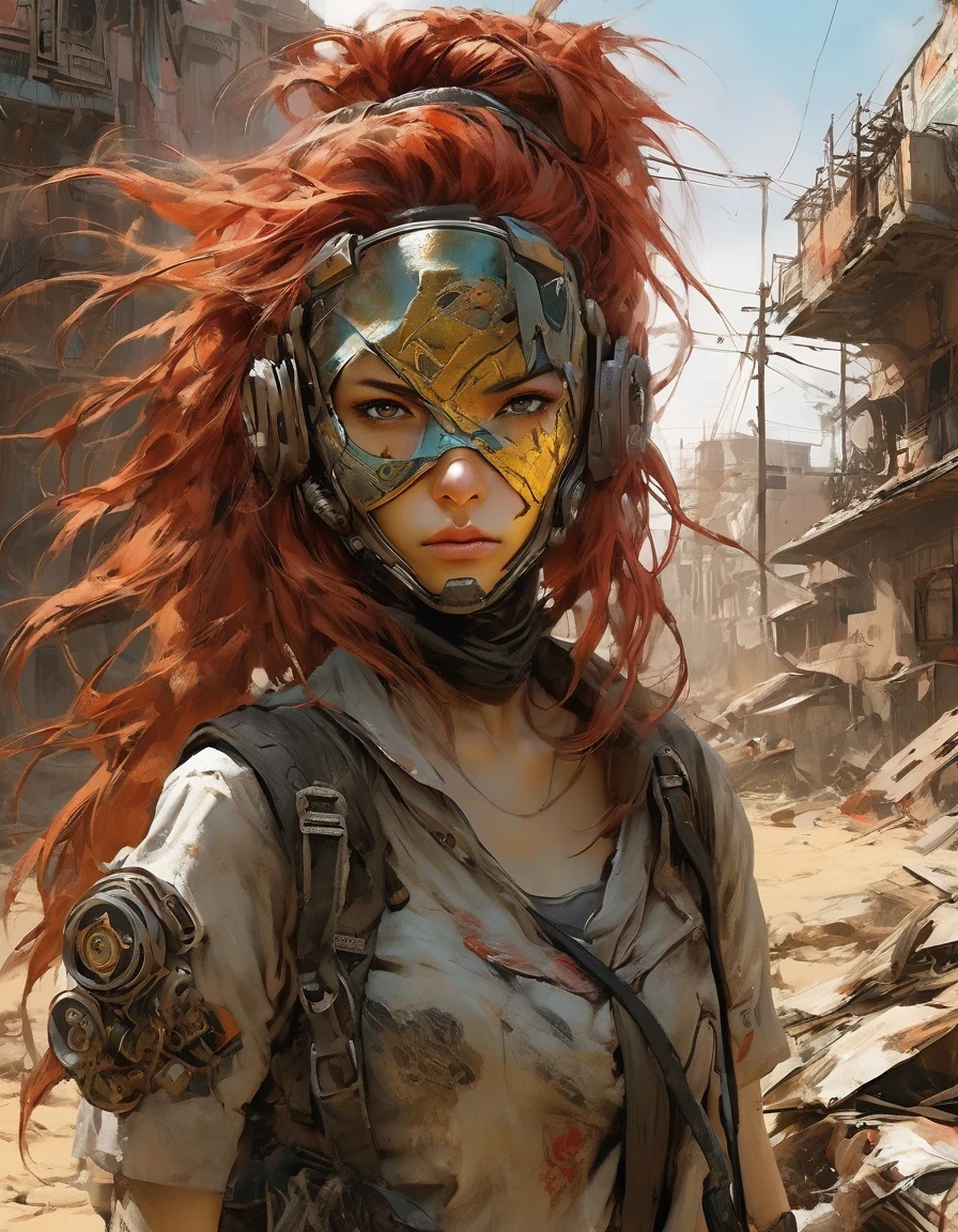 UHD, chef-d&#39;œuvre, peau texturée, détails élevés, Haute qualité, primé, Meilleure qualité, haute résolution, 16k， 
à la manière d&#39;Alice Pasquini，Un désert post-apocalyptique，（Une héroïne très belle et puissante dans le monde apocalyptique），vêtements méca，Cheveux roux très longs，Beau visage asiatique，, mécanique, Le masque en verre laisse passer la lumière, texture de peau délicate, regard déterminé，Il&#39;c&#39;est le soleil brûlant et le vent fort，Sable jaune roulant，Les avant-toits et les murs brisés sont partout, et la scène est désolée.。Dans un environnement post-apocalyptique，Indépendamment de l’apparence ou de l’aspect pratique，Tout est pour la survie，Exagération en apparence，Peut faire peur aux ennemis。De nombreux articles sont pratiquement usés.，rouiller，La forme d&#39;épissage，Ajoutez des graffitis pour créer l&#39;environnement d&#39;un monde en friche。Elements such as neon lights will often appear in Un désert post-apocalyptique。Le point le plus important est que le monde des friches est un monde après l&#39;effondrement de la civilisation technologique..，Reculs de productivité，Les ressources matérielles sont extrêmement rares，