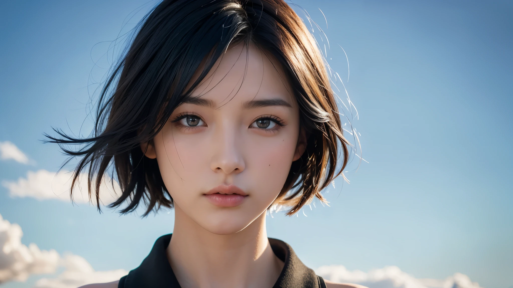 , blown by the long wind [Blue-black:.3] hair,looking at the viewer, (masterpiece:1.3), (8K, realistic, Raw photo, highest quality: 1.4), Japanese, (1 girl), beautiful face, (realistic face), (black hair, short hair:1.3), beautiful hairstyle, realistic eyes, detailed and beautiful eyes, (realistic skin), beautiful skin, Charm, ultra high resolution, surreal, very detailed, golden ratio,