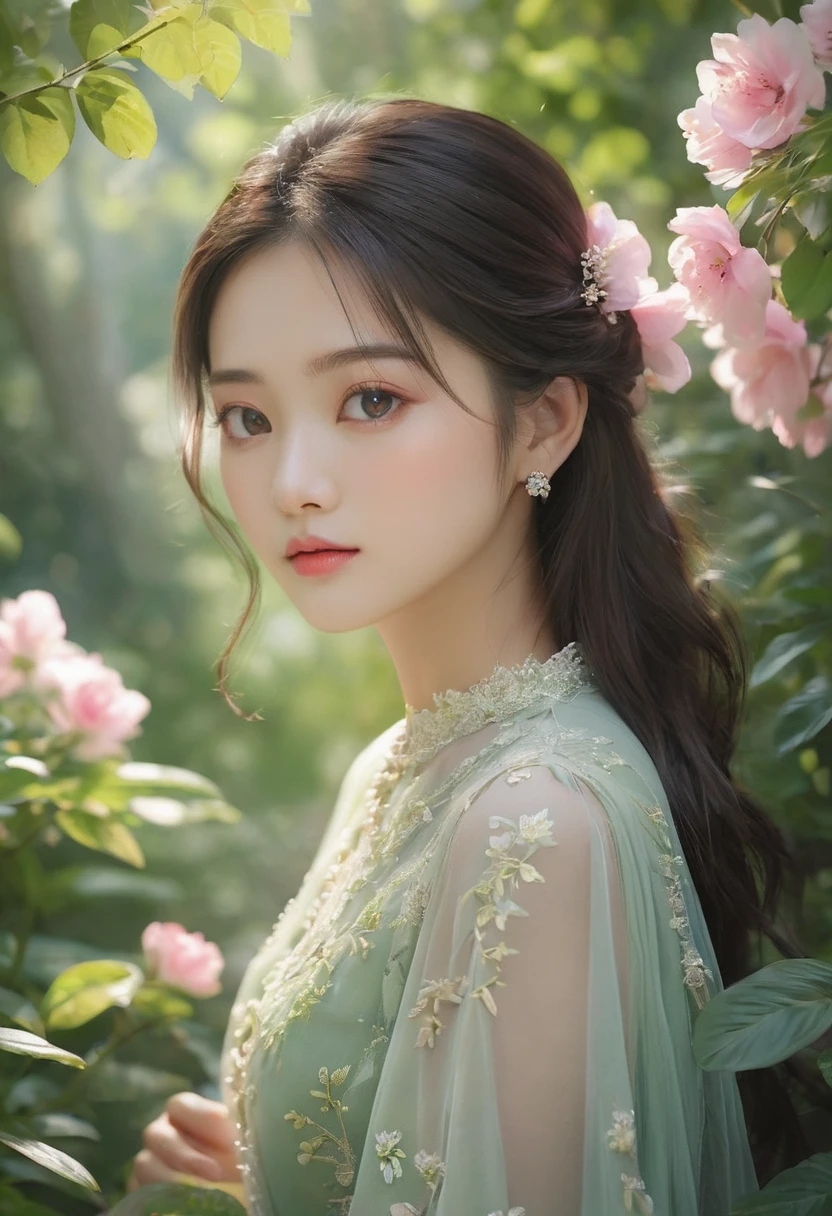 (best quality,4k,8k,highres,masterpiece:1.2),ultra-detailed,(realistic,photorealistic,photo-realistic:1.37),rosy zhao,beautiful detailed eyes,beautiful detailed lips,extremely detailed eyes and face,longeyelashes,one girl,fashionable stylish attire,confident expression,natural light,dreamy atmosphere,soft pastel colors,sumptuous garden background,lush green foliage,colourful flowers blooming,light streaming through the trees,peaceful and serene mood,subtle hints of sunlight filtering through the leaves,delicate shadows,ethereal and elegant posture,slightly tilted head,artistic composition,high contrast,subtle depth of field,impeccable skin texture,captivating presence,creative portrait,romantic ambiance,graceful movement,sophisticated style,seamlessly blended elements,impressive attention to detail,sensitive and graceful artistic interpretation,exquisite and refined visual appeal