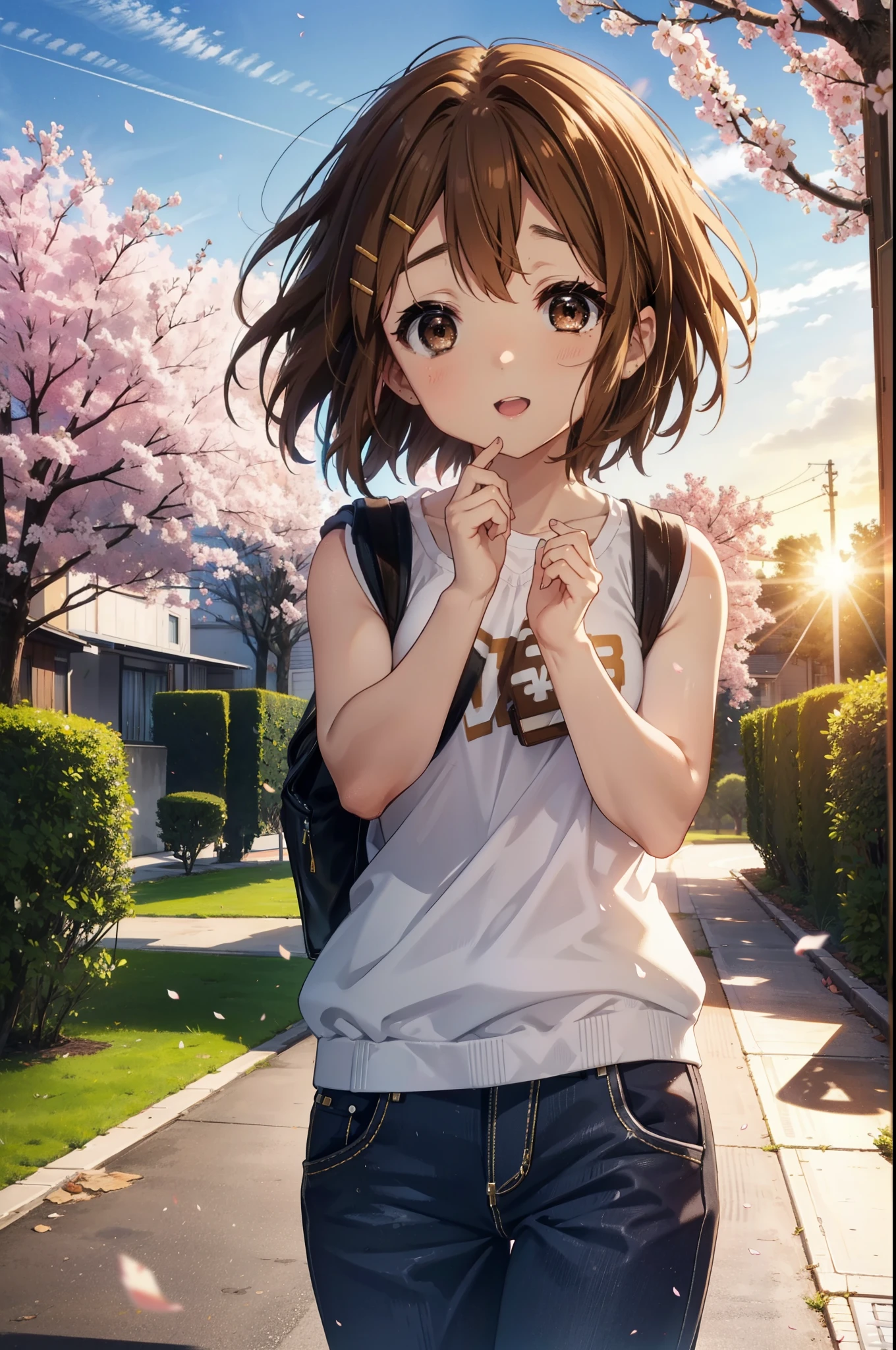 Yuihirasawa, Yui Hirasawa, cabello corto, Pelo castaño, adornos para el cabello, (Ojos cafés:1.5), happy sonrisa, sonrisa, abre la boca,Pinza para el cabello,Chaleco de gran tamaño　el frente esta abierto,Camiseta sin mangas,Pantalones ajustados,tacones de aguja,Las flores de cerezo están floreciendo,Las flores de cerezo están esparcidas,Camino arbolado de los cerezos en flor,noche,atardecer,El sol se esta poniendo,
descansar al aire libre,Escuela　Escuela building,
descanso mirando al espectador, (tiro de vaquero:1.5),
break (obra maestra:1.2), de la máxima calidad, Alta resolución, fondo de pantalla de unidad 8k, (cifra:0.8), (Hermosos detalles finos:1.6), Cara muy detallada, Iluminación perfecta, CG muy detallado, (manos perfectas, anatomía perfecta),