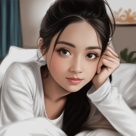 there is a woman laying on a bed with her head on her hand, realistic cute girl painting, kawaii realistic portrait young and cu...