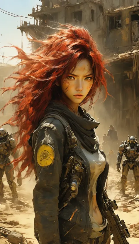 Post-apocalyptic wasteland，（In the doomsday world, the extremely beautiful and powerful heroine is holding a gun），Mecha Clothing...