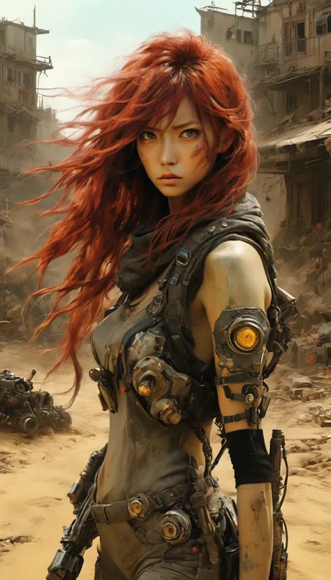 Post-apocalyptic wasteland，（In the doomsday world, the extremely beautiful and powerful heroine is holding a gun），Mecha Clothing...