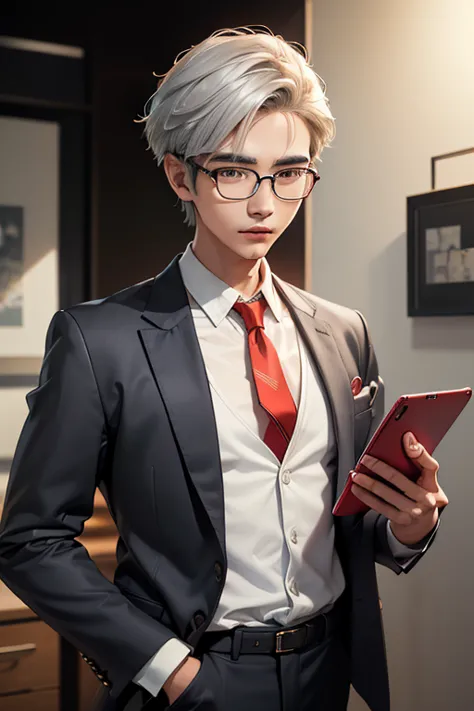 korean man in his 20s with an intellectual aura

wears thin-framed silver glasses

sharp features and neat hairstyle
smart casua...