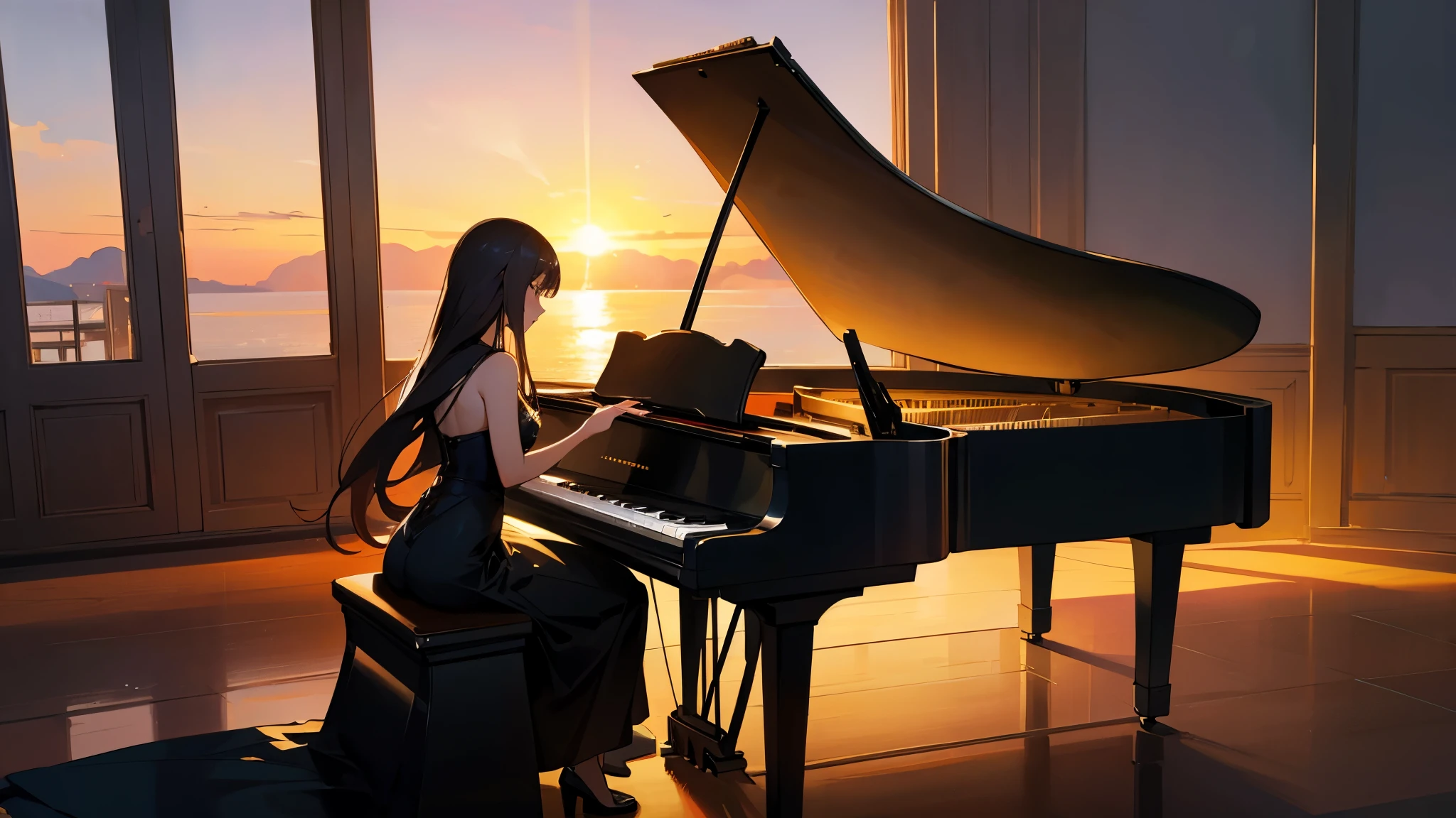 Gadis anime bermain piano di sebuah ruangan bersamaGadis anime bermain piano di sebuah ruangan bersama  