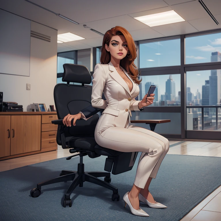 (masterpiece, high quality) woman, formal business suit, shirt, pants, solo , looking at viewer, perfect face, suits tan, tan colour, white shirt,sexy breasts,fit super model body, fit_business_suit s, crystal blue eyes, eyelashes, makeup, skyscraper, full body, she is the boss, ultra quality 4k, super confident, sit like the boss, [From Below, Looking Up][Modern Office Setting] tan colour office suits , tan shoes 