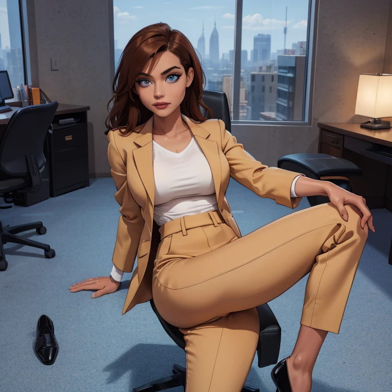 (masterpiece, high quality) woman, formal business suit, shirt, pants, solo , looking at viewer, perfect face, suits tan, tan colour, white shirt,sexy breasts,fit super model body, fit_business_suit s, crystal blue eyes, eyelashes, makeup, skyscraper, full body, she is the boss, ultra quality 4k, super confident, sit like the boss, [From Below, Looking Up][Modern Office Setting] tan colour office suits , tan shoes 