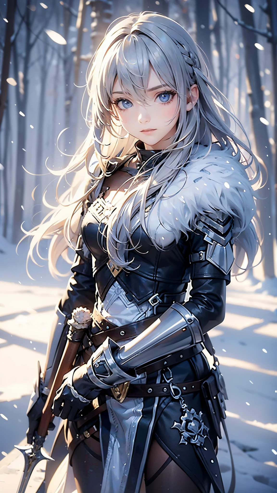 (best quality,4k,highres),(realistic,physically-based rendering),a girl,armor:simple,winter,fur,holding a sword,serious expression,vivid colors,portrait,sharp focus,studio lighting,detail of the eyes,metal texture,cold environment,forest background,falling snow,smoke effect